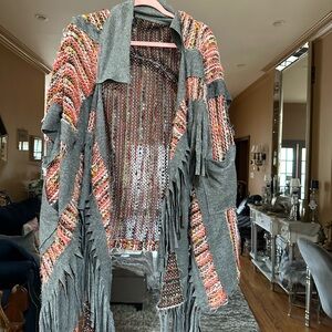Ethnic global boho  open cardigan sweater fringe textural OOAK pockets OSFM